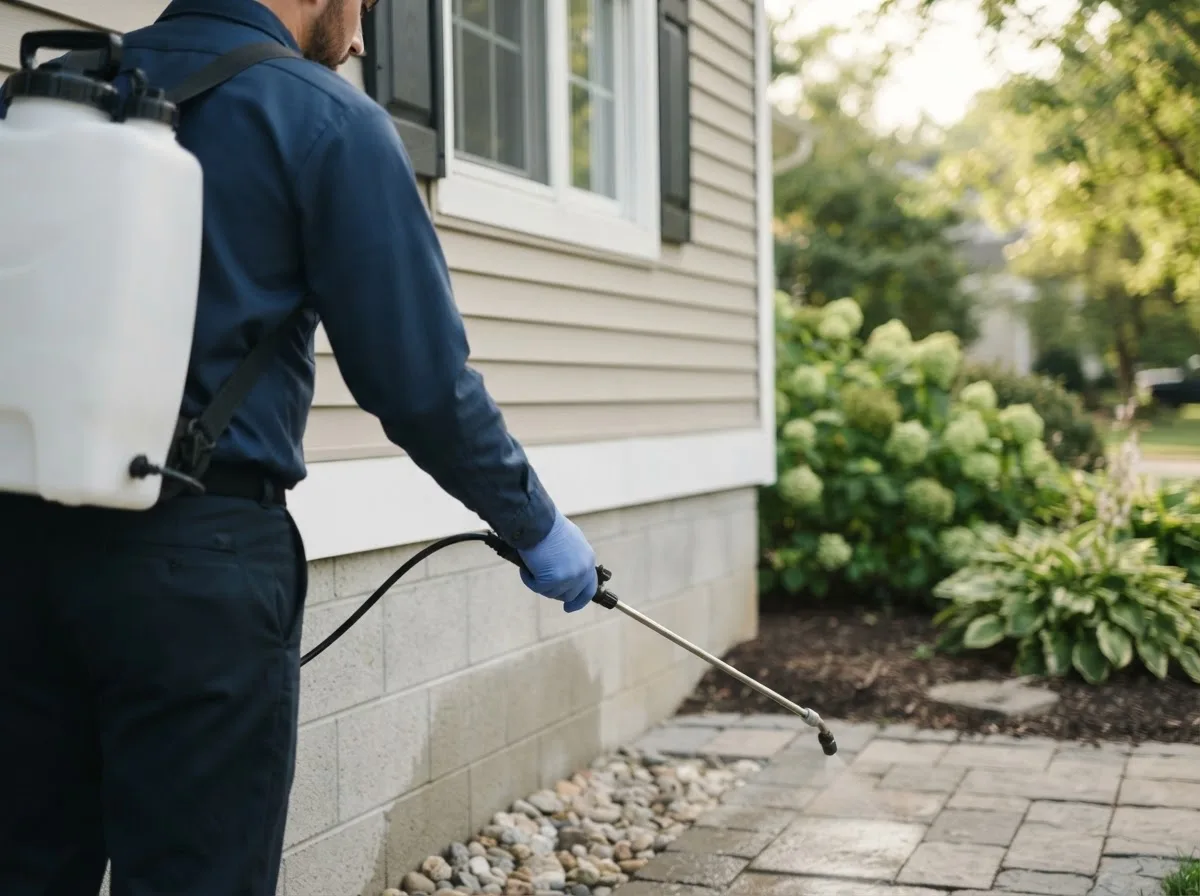 Pest control technician inspecting a home in Charmco, WV